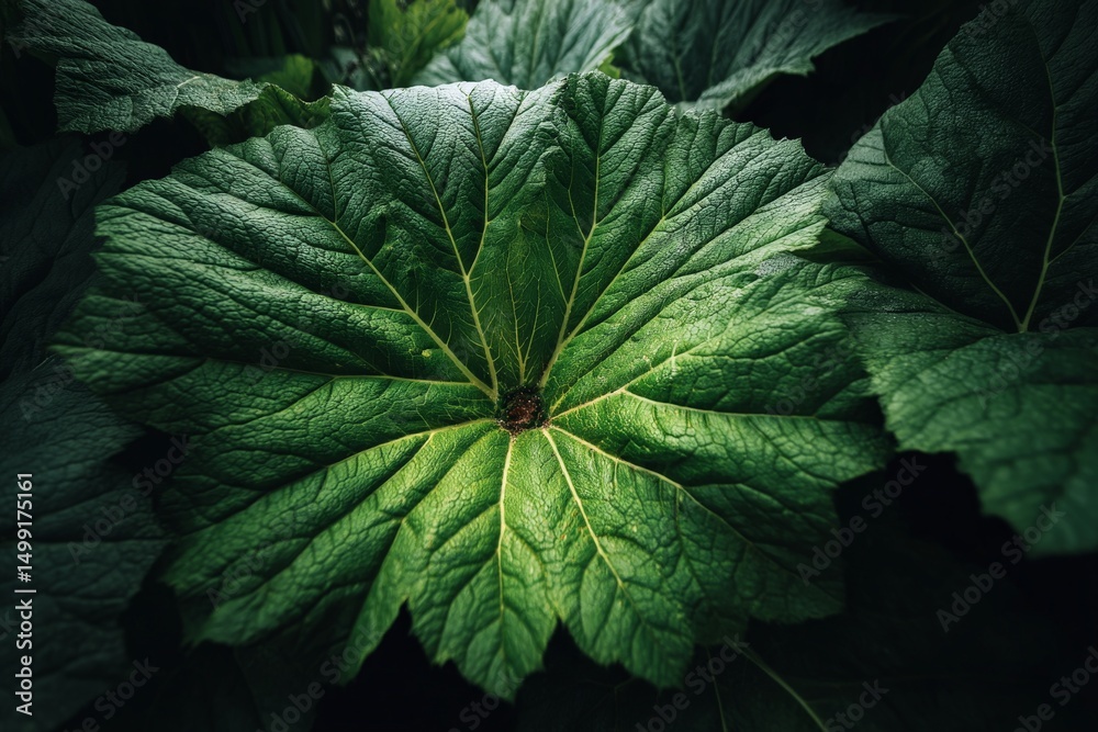 Poster large green leaf close-up with textured surface showing intricate veins and natural lighting in a lu