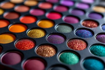 Colorful assortment of eyeshadow shades displayed in a rectangular palette on a textured surface for makeup enthusiasts