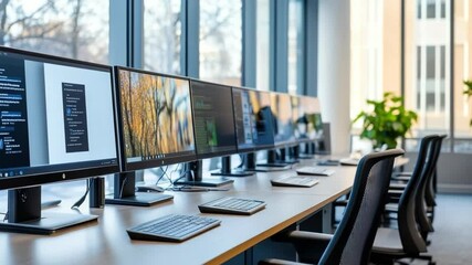 Modern open-plan office with workstations, sleek ergonomic chairs,large desktop monitors arranged in a row, illuminated from floor-to-ceiling windows, creating a productive,contemporary workspace - Powered by Adobe