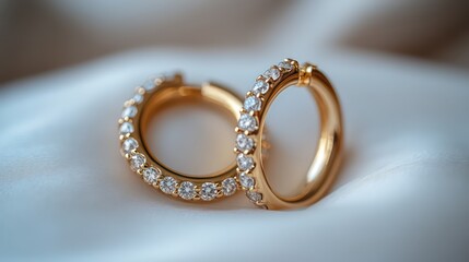 Gold hoop earrings on plush fabric, polished and elegant, radiating timeless sophistication.

