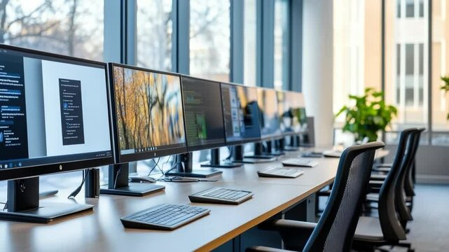 Modern open-plan office with workstations, sleek ergonomic chairs,large desktop monitors arranged in a row, illuminated from floor-to-ceiling windows, creating a productive,contemporary workspace - Powered by Adobe