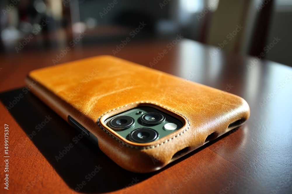 Poster leather phone case resting on a wooden table in soft sunlight highlights its craftsmanship and desig