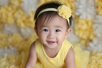 Radiant baby girl in yellow outfit laughing  
