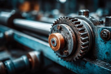 Detailed close-up of a mechanical gear in a manufacturing facility during daytime hours