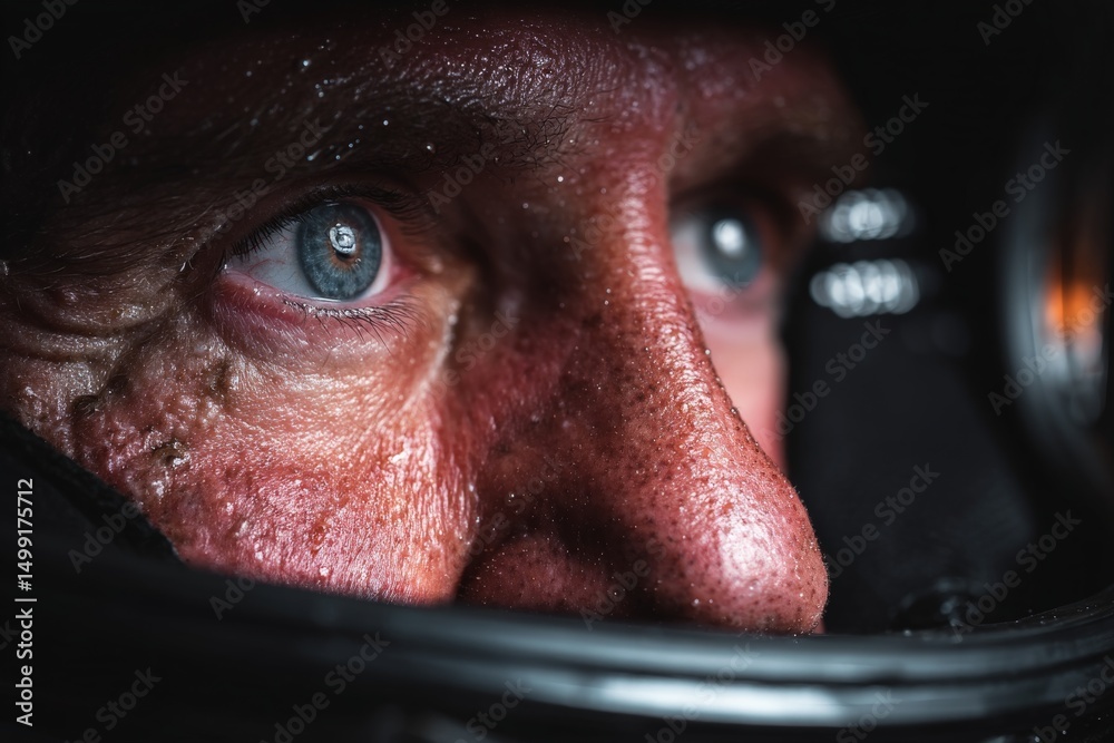 Poster close-up of an astronaut's face in a space helmet highlighting intense focus and anticipation during