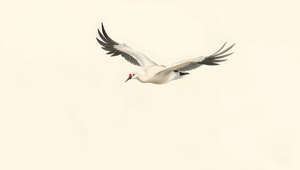 Obraz premium Graceful crane in flight with fluid brushstrokes and tranquil composition. 