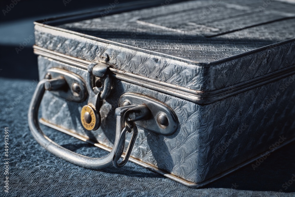 Poster vintage metal suitcase with intricate design resting on a textured surface in soft natural light