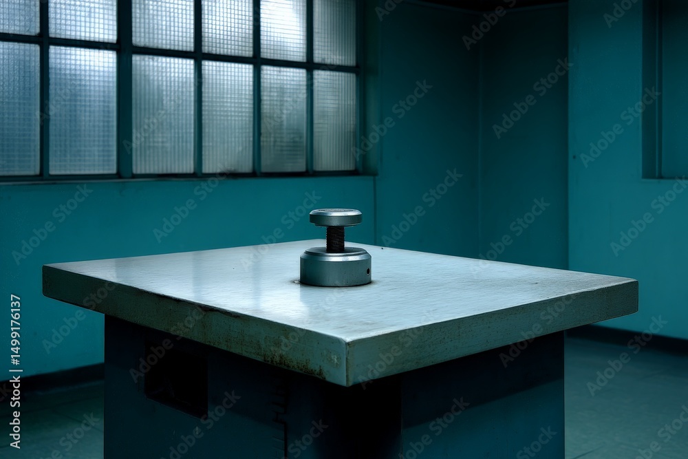 Poster industrial room with a metallic press on a central table surrounded by dim blue walls and large wind