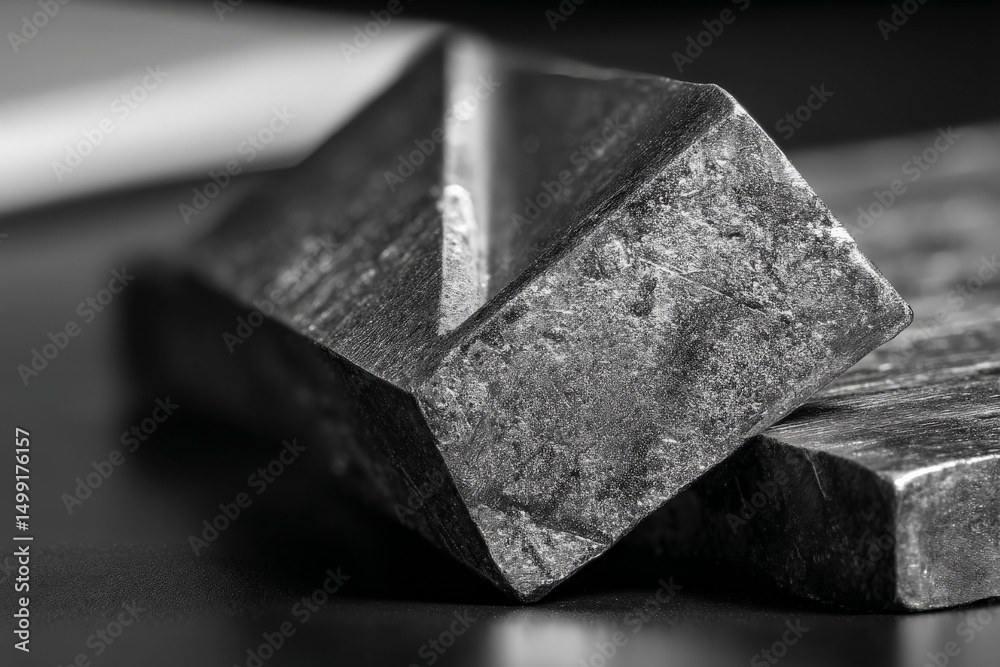 Poster Close-up view of metal ingots showcasing intricate textures and surfaces in monochrome setting on a wooden table