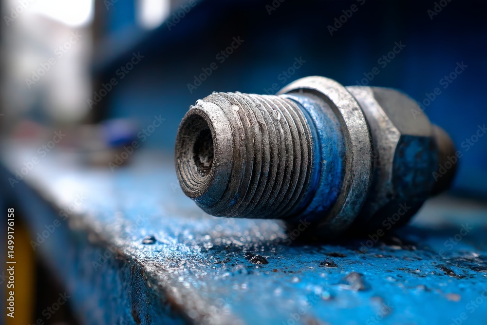 Poster Metal component resting on a blue surface in a workshop during daytime with visible wear and tear