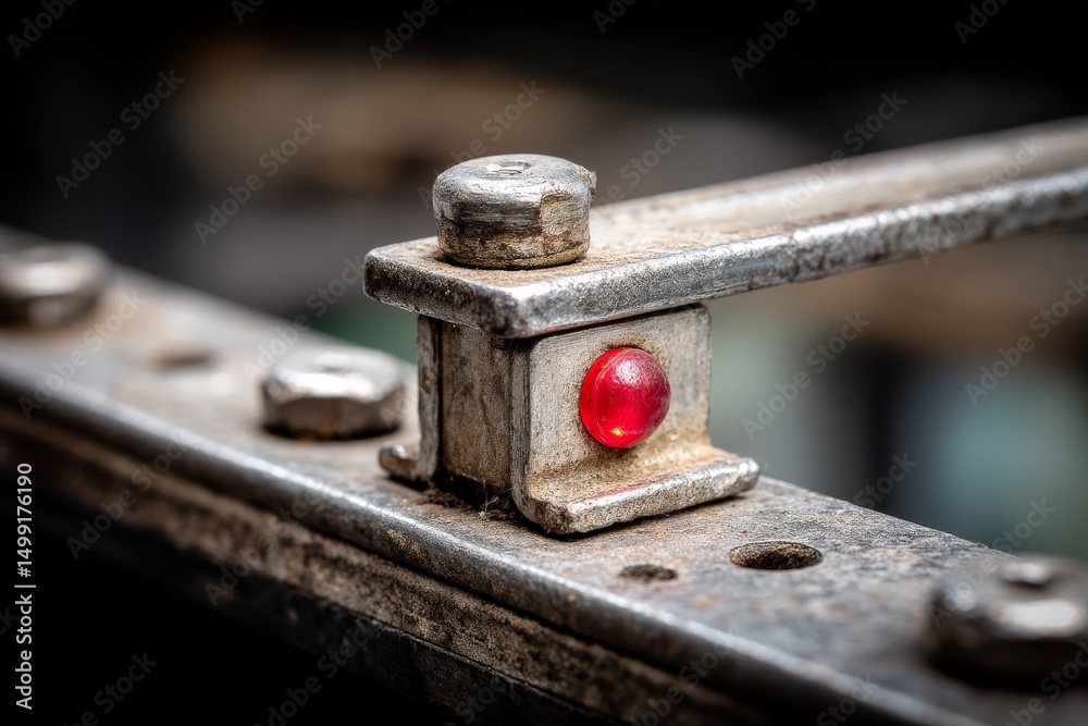 Poster Close-up view of a rusty metal mechanism showing a red indicator light in an industrial setting during the day
