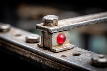 Close-up view of a rusty metal mechanism showing a red indicator light in an industrial setting during the day