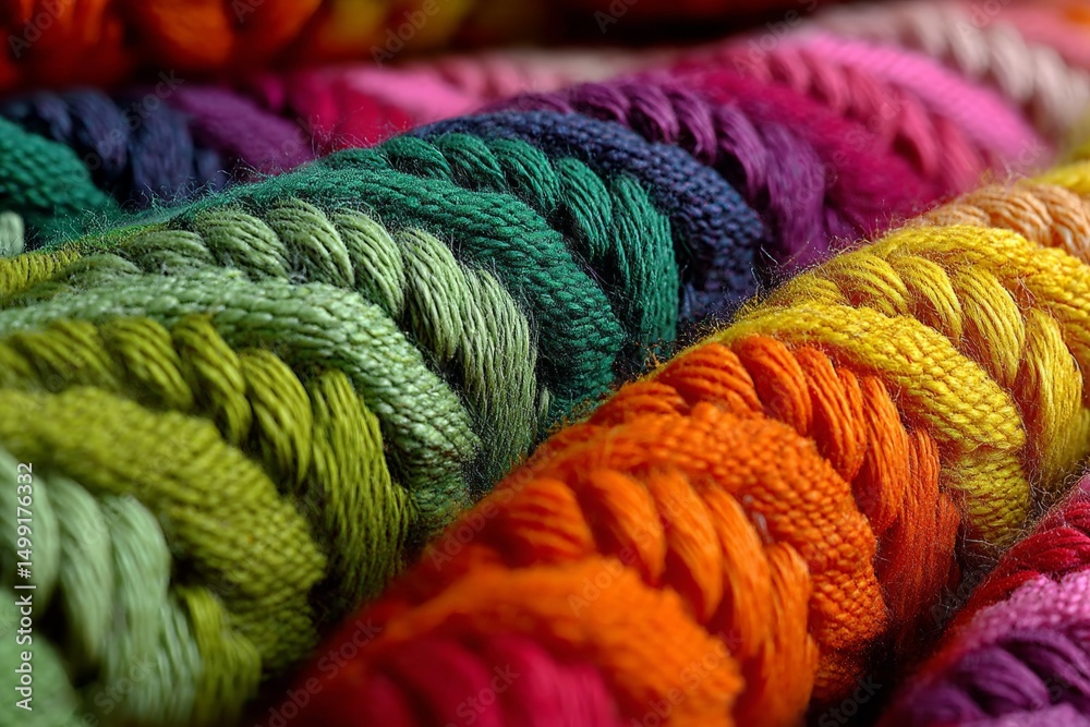 Aufkleber Colorful braided threads display intricate patterns in a textile workshop on a sunny afternoon