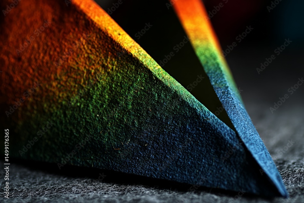Poster Colorful geometric shape on textured surface showing vibrant gradient patterns under soft lighting conditions