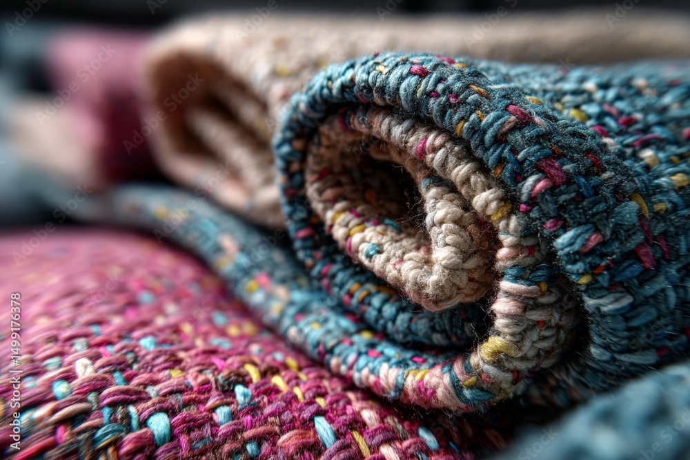 Poster Colors and textures blend in a beautifully rolled textile arrangement creating warmth and character at home