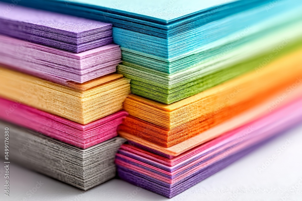 Poster Colorful stack of paper sheets arranged neatly showcasing vibrant hues and textures in a creative workspace