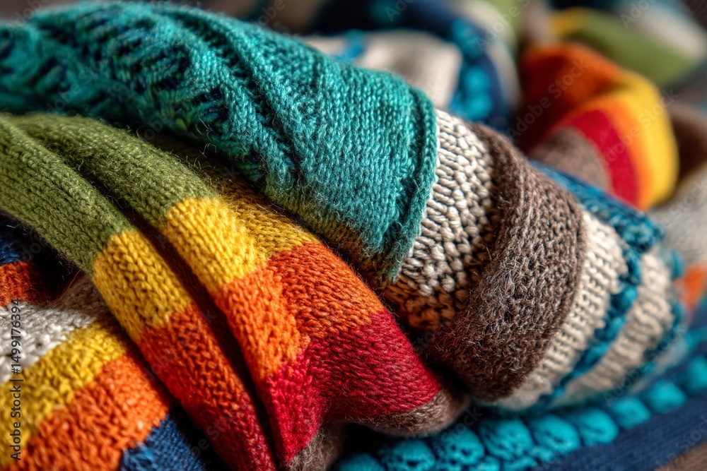 Poster vibrant knitted scarves showcasing colorful patterns and textures in a cozy setting