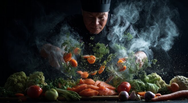 Chef preparing a dish with fresh vegetables and fish, showcasing the ingredients in motion.
