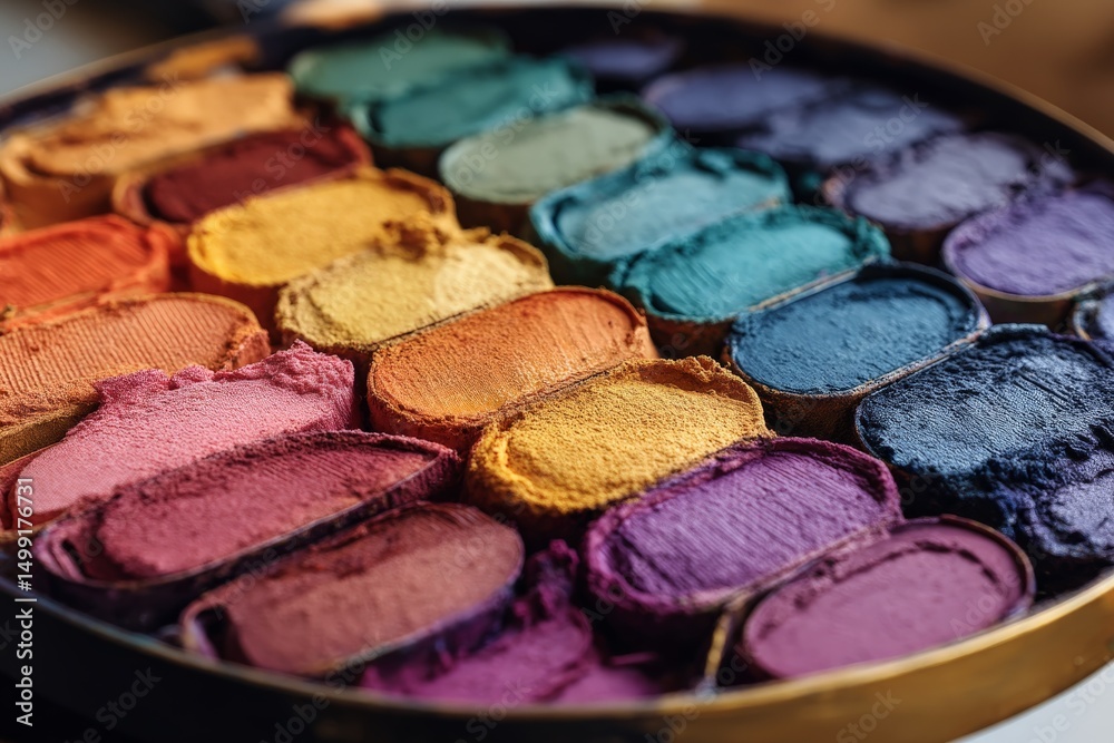 Poster vibrant palette of colored powders arranged neatly in circular trays at an artist's studio ready for