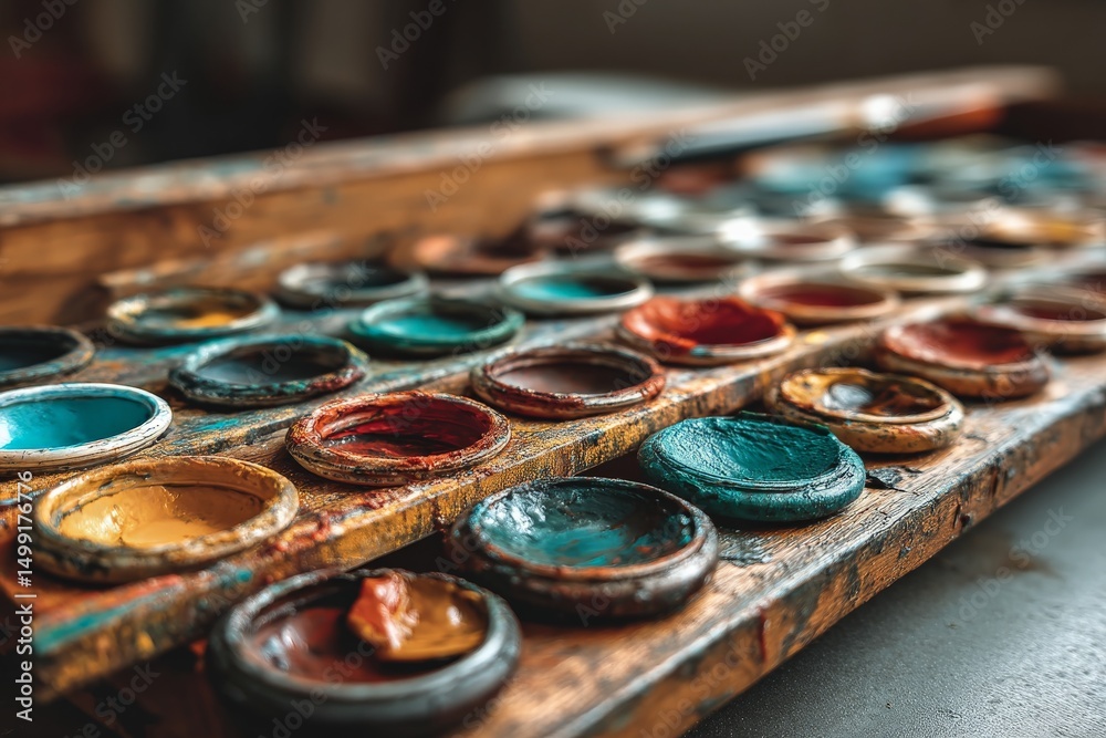 Poster Vibrant colors of water-based paints arranged on a wooden palette for artistic expression in a studio setting