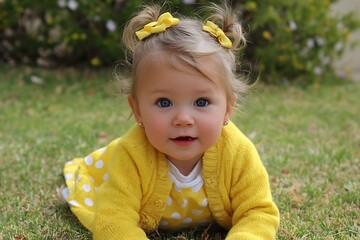 Adorable baby girl in yellow making faces  

