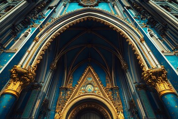 Stunning ornate cathedral architecture with vibrant blue and gold details, evoking a sense of history and luxury