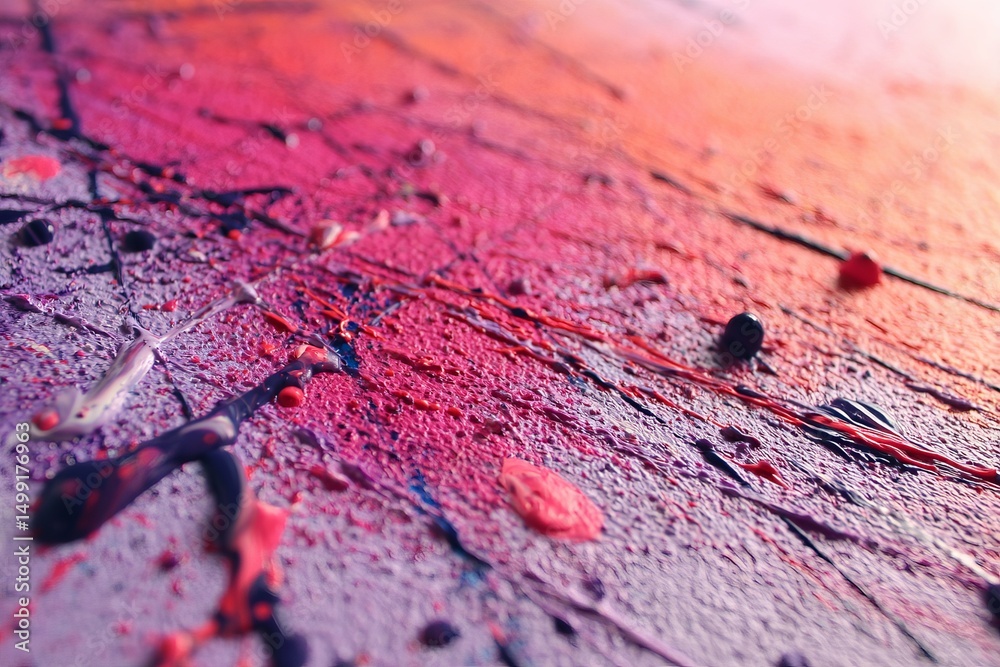 Poster Colorful abstract art created with dripping paint on a textured surface, showcasing vibrant hues and dynamic patterns at dusk
