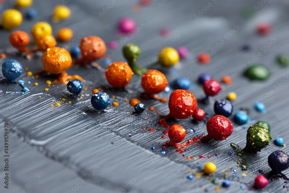 Poster colorful paint droplets create an artistic display on a textured gray surface during an art project