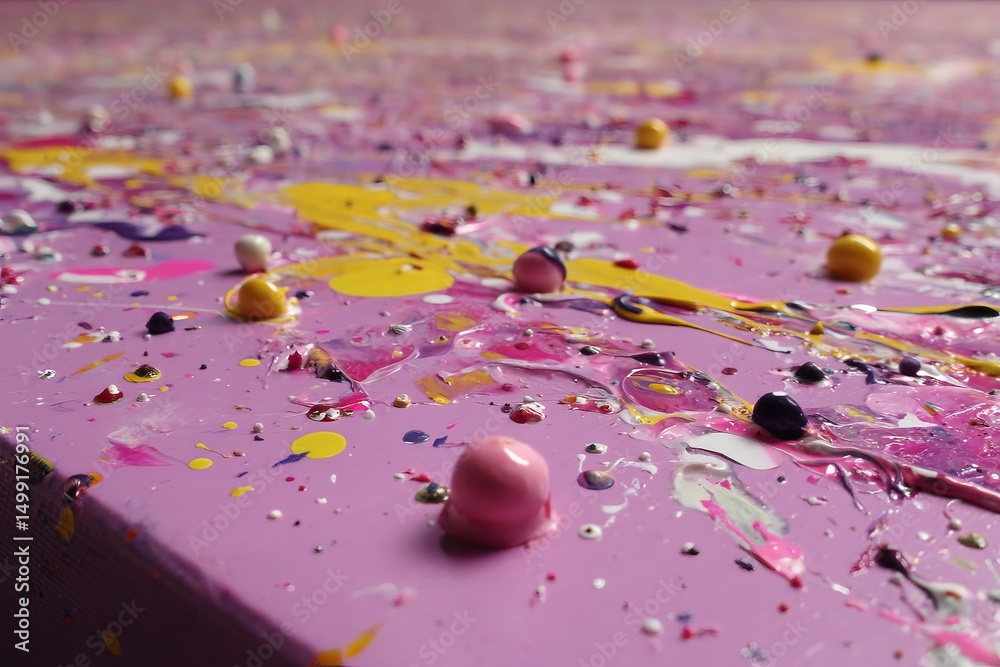 Aufkleber Colorful abstract paint splashes on a textured surface create a vibrant visual experience in an artist's workspace