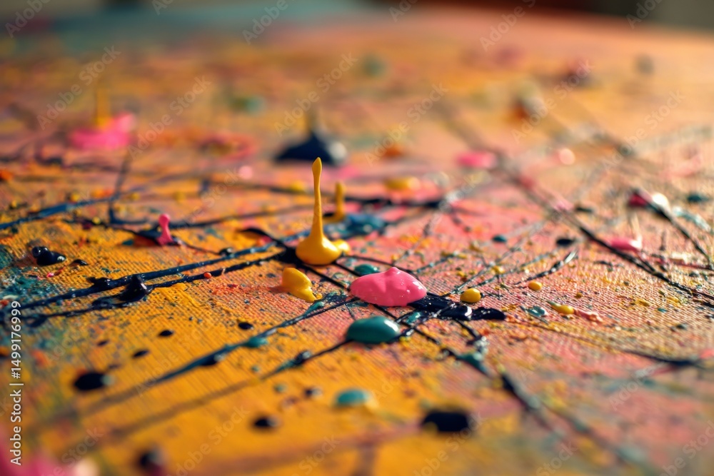 Aufkleber Colorful splashes of paint create an abstract artwork on a textured canvas surface in a bright studio setting