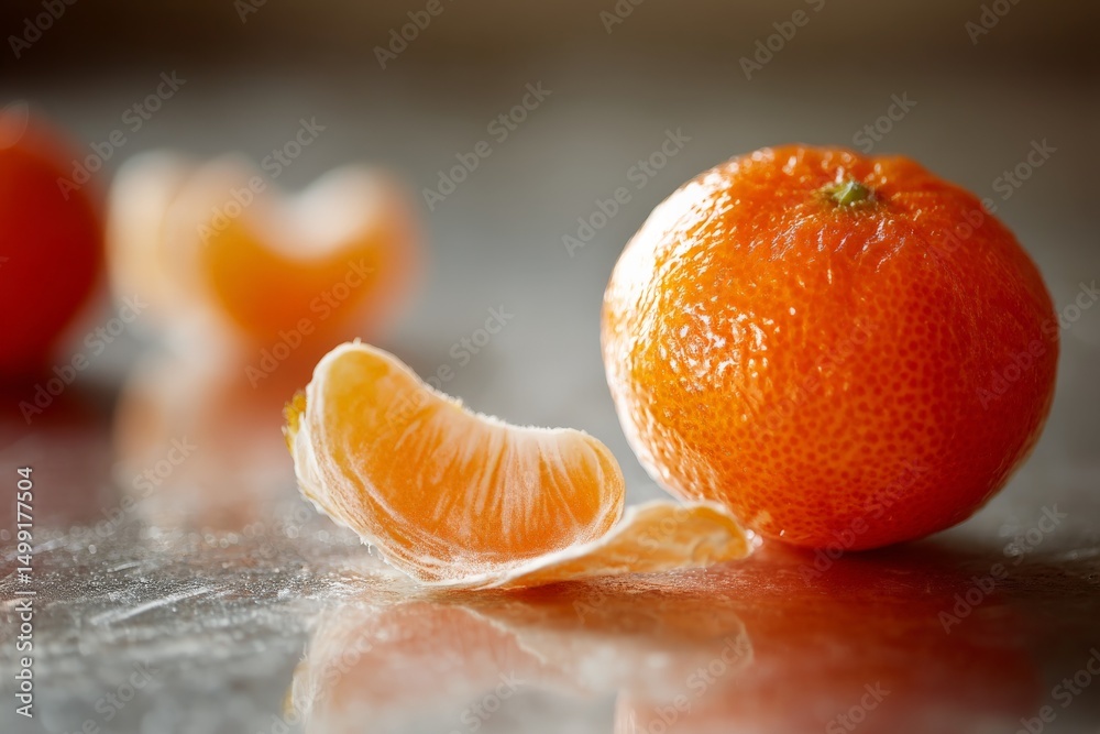 Poster fresh mandarin orange with peel and segments displayed on a shiny surface in natural light