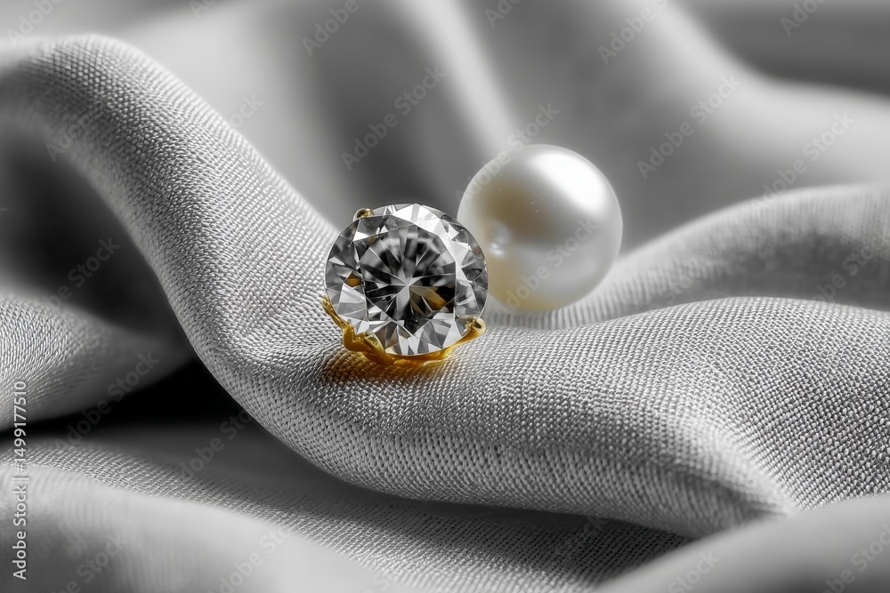 Aufkleber elegant diamond and pearl resting on soft gray fabric in a sophisticated display of luxury and style
