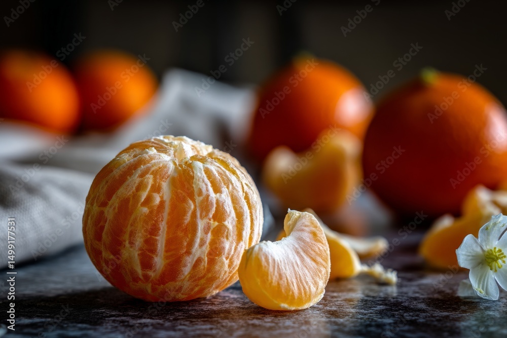 Poster fresh peeled tangerine with segments and whole fruit in the background on a dark stone surface