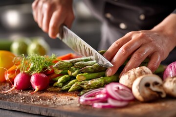 Hands skillfully chopping fresh vegetables on a wooden cutting board in a modern kitchen environment