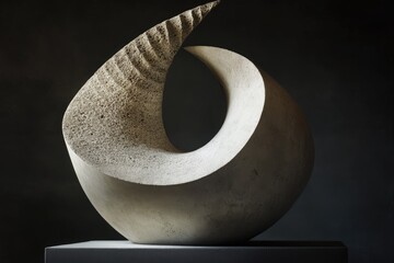 Abstract stone sculpture; swirling, organic form with textured, spiraling element; light beige; rests on a dark gray base