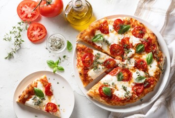 Delicious pizza with fresh mozzarella, tomatoes, and herbs.