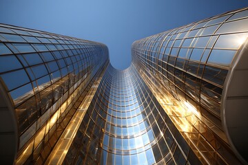 Futuristic golden glass skyscraper in modern design  

