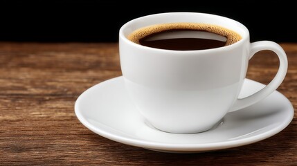 Fototapeta premium White ceramic cup filled with black coffee on a wooden surface with a dark background