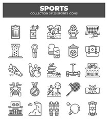 Collection of 25 Sports Icons. Sport Equipment. Game. and Activity Line Vector Graphics