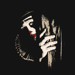 Illustration of Mysterious Clown Waiting in the Shadows Backstage at a Circus Theater