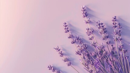 A cluster of purple lavender stems on a soft lavender table, with empty space perfect for adding text or logos.