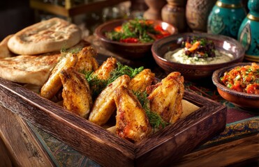 Close-up view of a wooden tray filled with crispy chicken wings, accompanied by pita bread and various dips