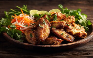 Fototapeta premium Crispy fried chicken wings served with a fresh vegetable salad.