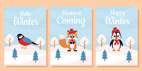 Christmas posters set. Winter landscape with bullfinch, fox, penguin. Merry christmas greeting card, party invitation, social media.