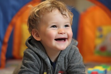 Joyful toddler boy smiling in children’s play  
