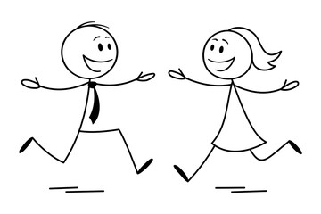 Cartoon stick figures of man and woman running to embrace. Vector illustration of love, reunion and joyful relationship.