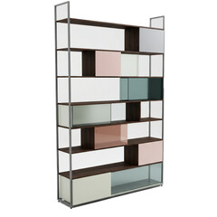Modern Asymmetrical Bookshelf with Pastel Accents and Glass Panels, Ideal for Contemporary Living Spaces or Offices, Stylish Storage Solution for Books, Decor, and Accessories