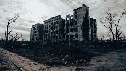 ruined street and destroyed houses the city war in Ukraine
