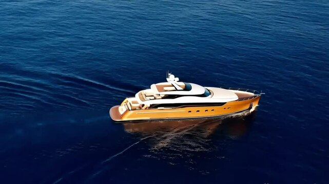 Aerial drone loop video of beautiful modern super yacht with wooden deck cruising in low speed in Aegean deep blue sea