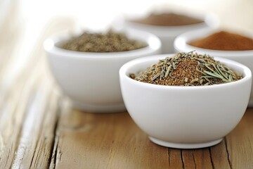 Four small bowls of various spices on a wooden table
